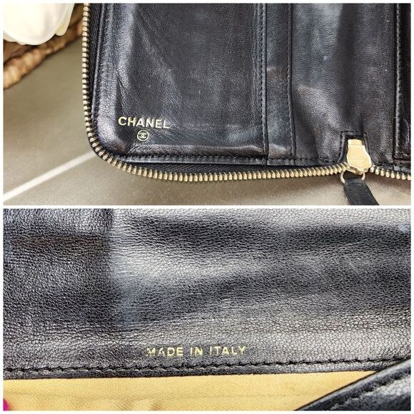 Authentic Chanel Lambskin Camellia Embossed Zip Around Organizer Wallet Black - Picture 12 of 17